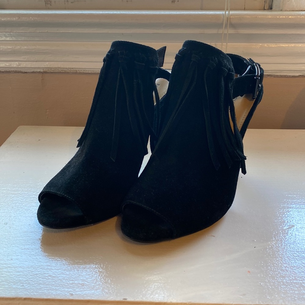 Michael Kors Kassidy Open Toe Booties Black Suede Fringe